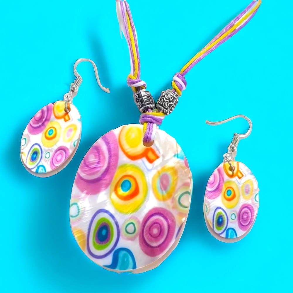 Natural Shell Necklace & Earrings 3pcs Set Colorful‎ Printed